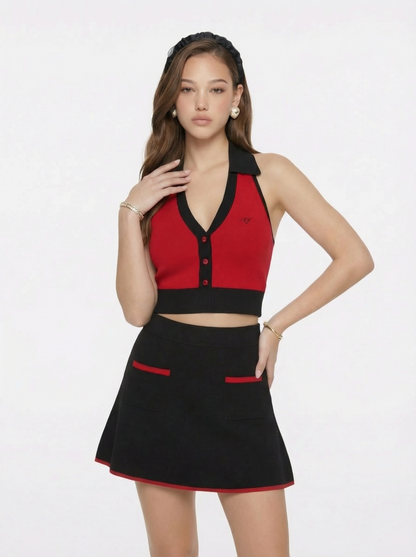 Wilhelmina Contrast Halter Knit Red Top