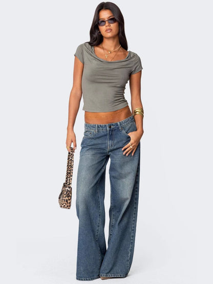 Loose Wide-Leg Printed Denim Trousers