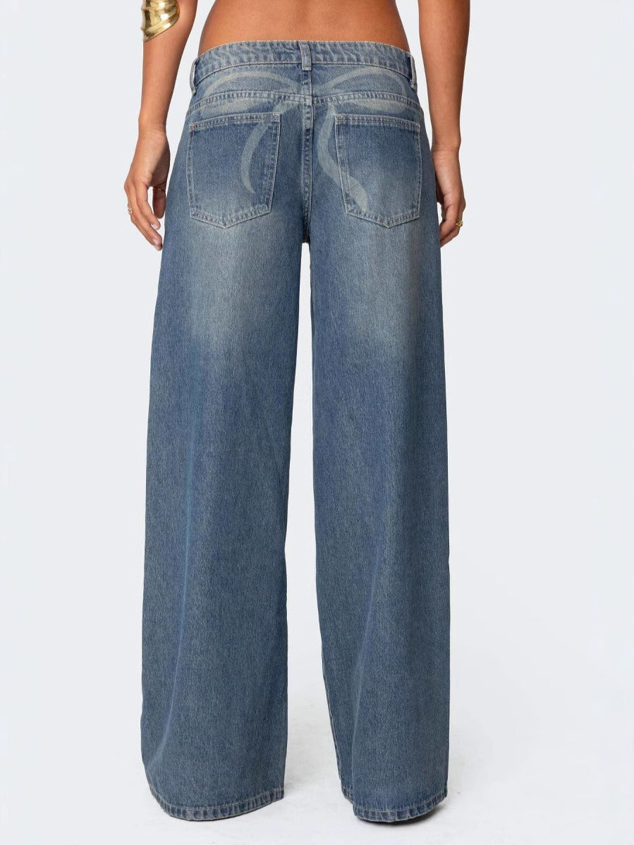 Loose Wide-Leg Printed Denim Trousers