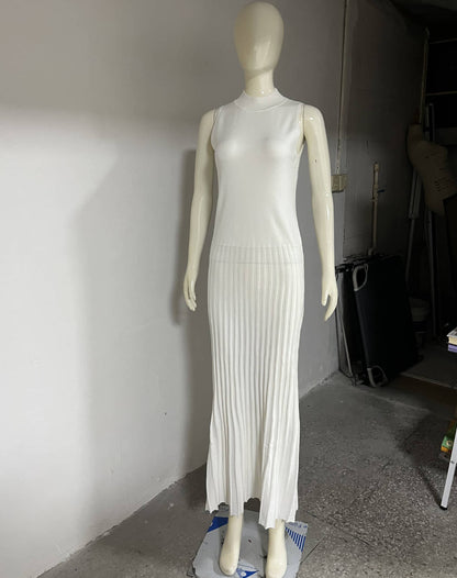 Half Turtleneck Sleeveless Knitted Maxi Skirt Solid Color Pleated Skirt Tight Maxi Dress