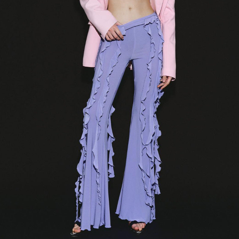 Ruffle hem slim fit flared low waist trousers