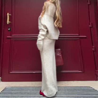 Knitted One-Shoulder Long Sleeves Sweater Skirt Suit
