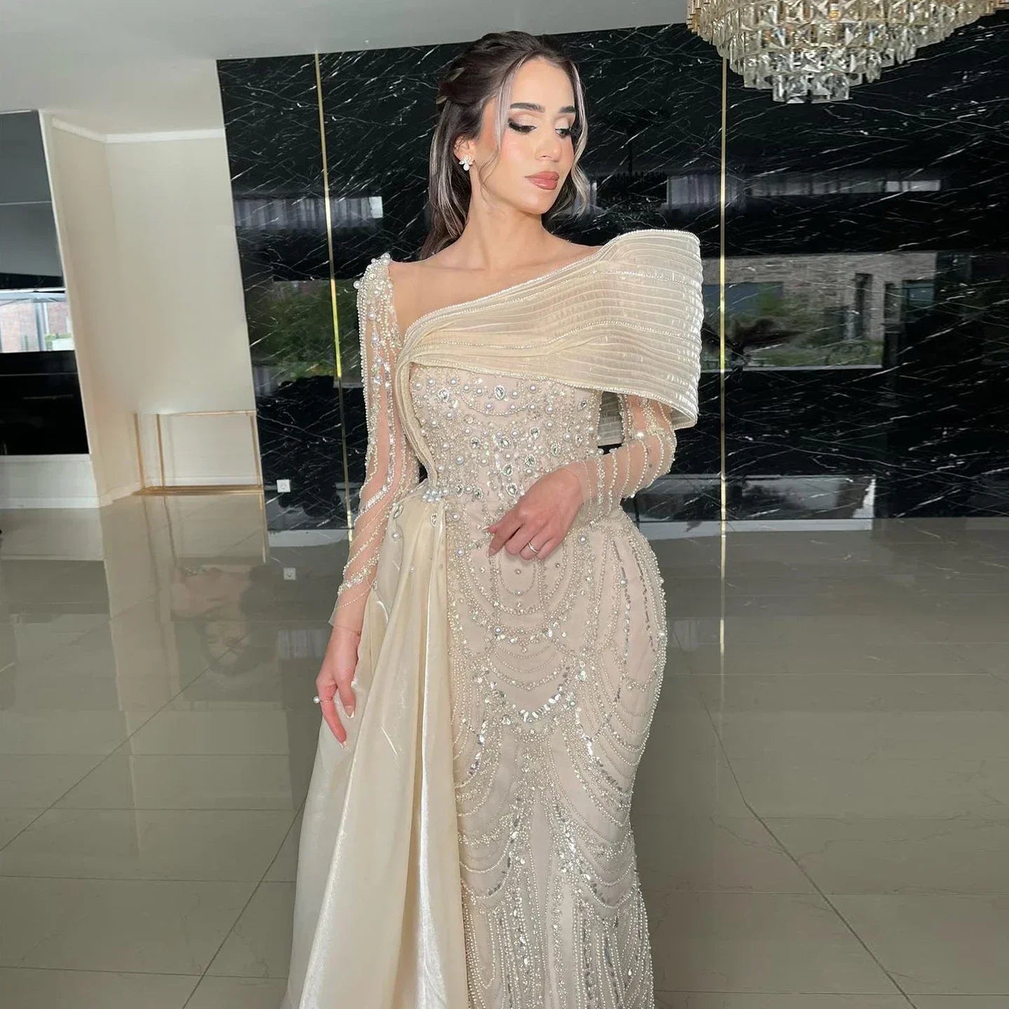 Crystal Mermaid Evening Gown with Overskirt