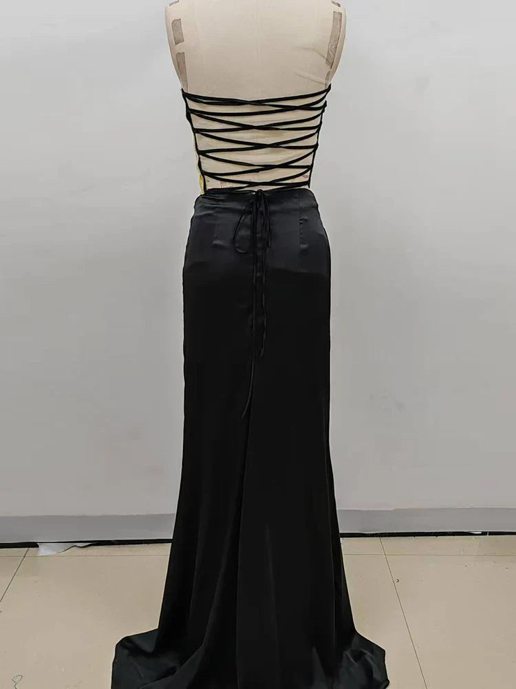Strapless Gold Top & High-Slit Skirt Set