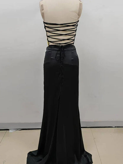 Strapless Gold Top & High-Slit Skirt Set