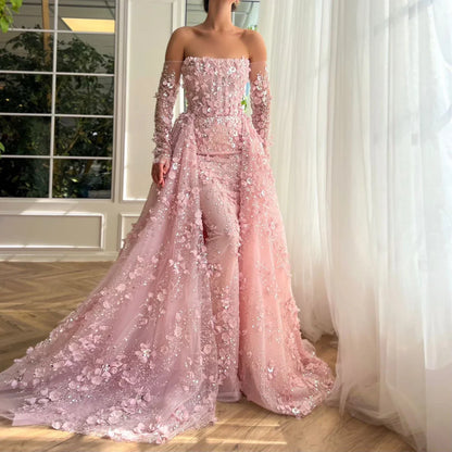 3D Flowers Evening Dress with Overskirt Long Sleeves