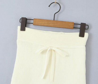 Knitted Straps with Long Sleeve Top And Lace-up Skirt Suit