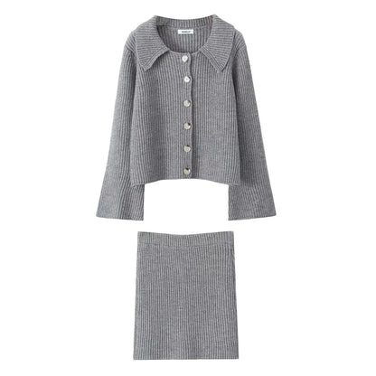 Lapel Cardigan Elastic Waist Mini Skirt Suits