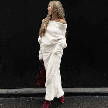 Knitted One-Shoulder Long Sleeves Sweater Skirt Suit