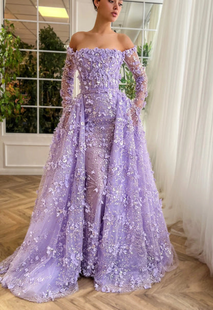 3D Flowers Evening Dress with Overskirt Long Sleeves