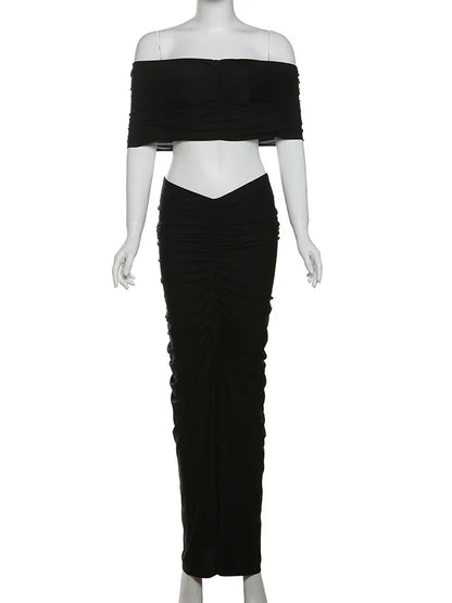 Solid Slash Neck Ankle-Length Skirt Suit