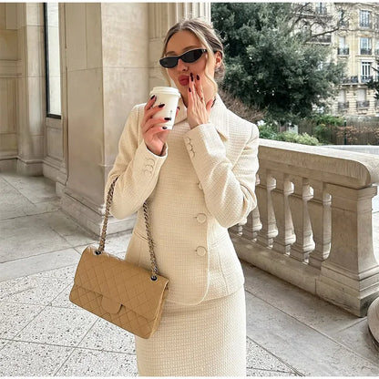 Solid Stand Collar Jackets and Skirts Suit