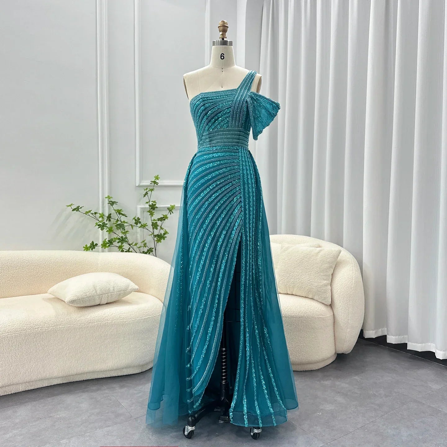 Sage Green One-Shoulder Evening Gown with Overskirt