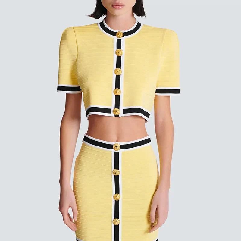 Yellow Short Cardigan and Mini Skirt Suit