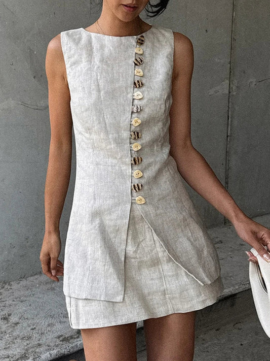Sleeveless Front Buttoned Top and Mini Skirt Set