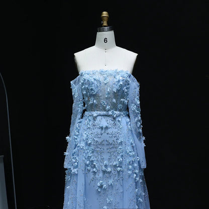 3D Flowers Evening Dress with Overskirt Long Sleeves