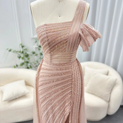 Sage Green One-Shoulder Evening Gown with Overskirt
