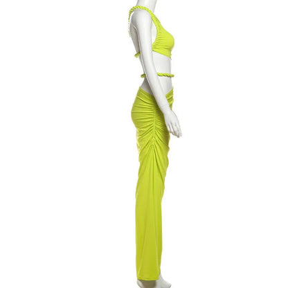 Green Oblique Shoulder Top Thigh High Split Long Skirt Set
