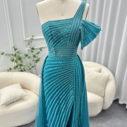 Sage Green One-Shoulder Evening Gown with Overskirt