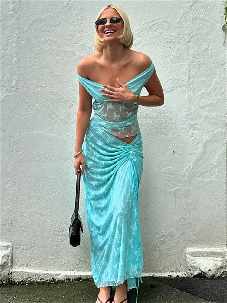 Elegant Summer Lace V-Neck 2-Piece Maxi Skirt Set