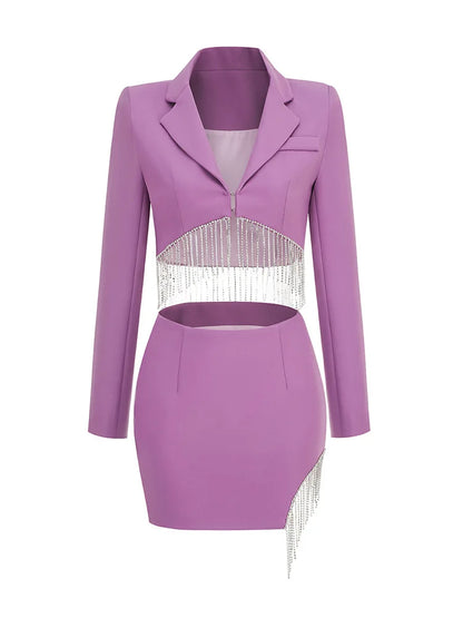Purple Tassel Skirt and Long Sleeve Jacket Set