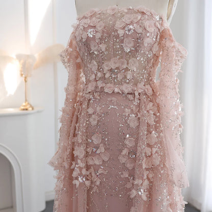 3D Floral Pink Evening Gown with Overskirt