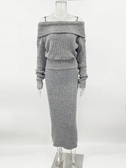 Knitted One-Shoulder Long Sleeves Sweater Skirt Suit