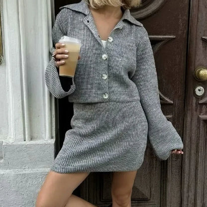 Lapel Cardigan Elastic Waist Mini Skirt Suits