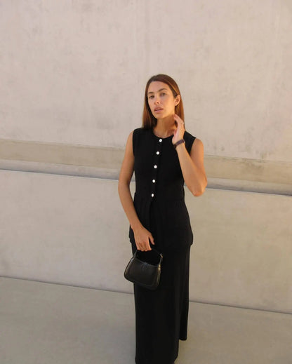 Knitted Sleeveless Top Slit High Waist Long Skirt Suit