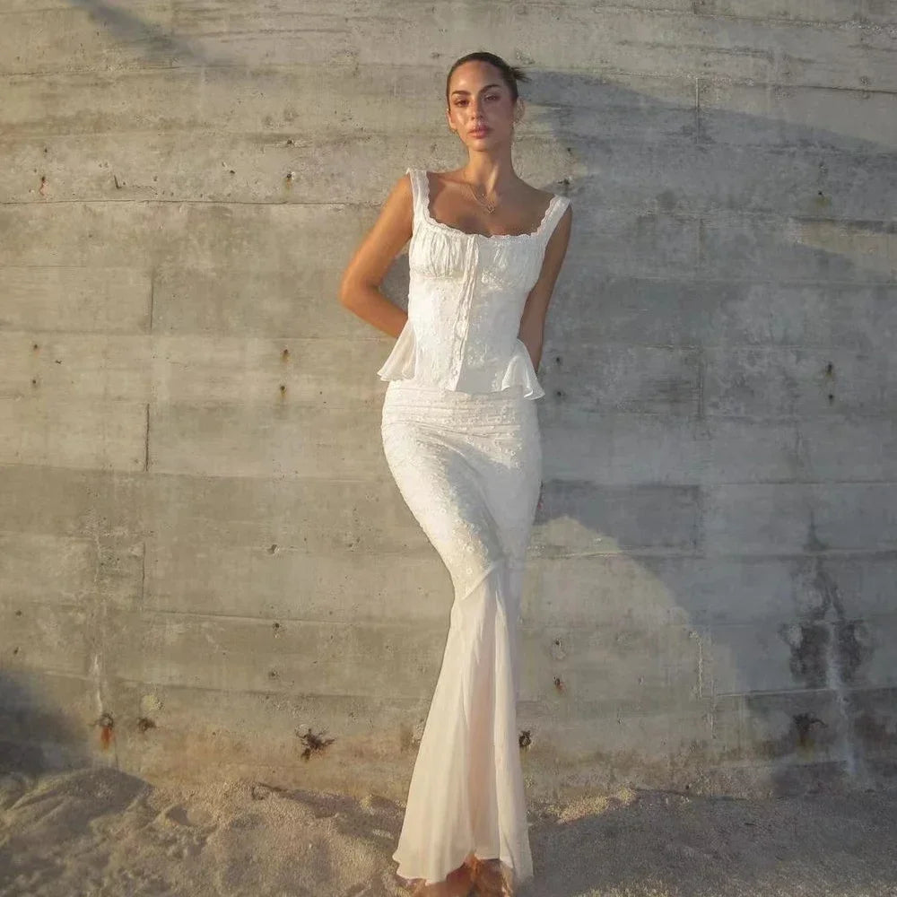 2 Piece Dress Set Beige Top and Long Mermaid Skirt