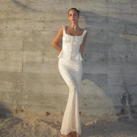 2 Piece Dress Set Beige Top and Long Mermaid Skirt