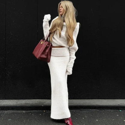 Knitted One-Shoulder Long Sleeves Sweater Skirt Suit