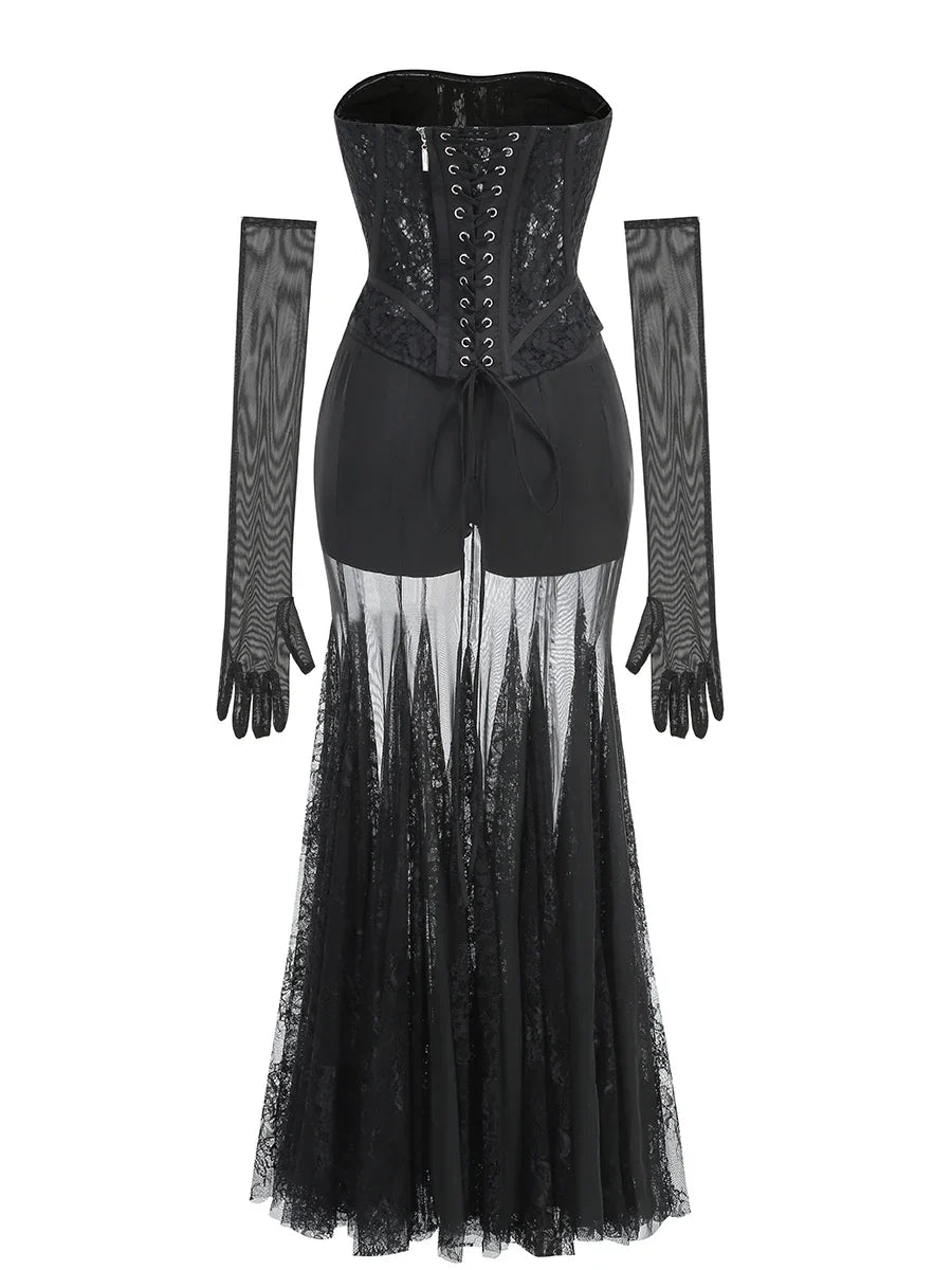 Lace Corset Patchwork Skirt And Gloves Set