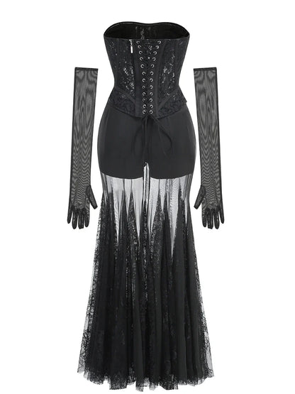 Lace Corset Patchwork Skirt And Gloves Set