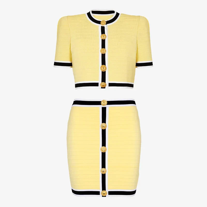 Yellow Short Cardigan and Mini Skirt Suit