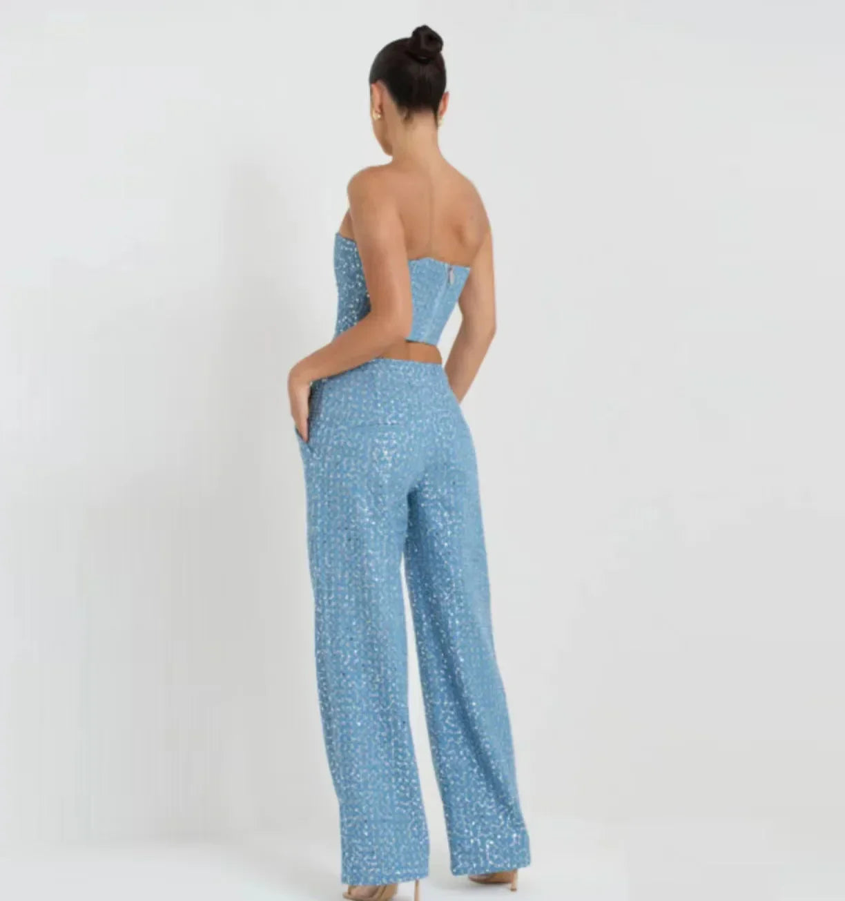 Sequins Strapless Short Skirt Denim Pants and Corset Set