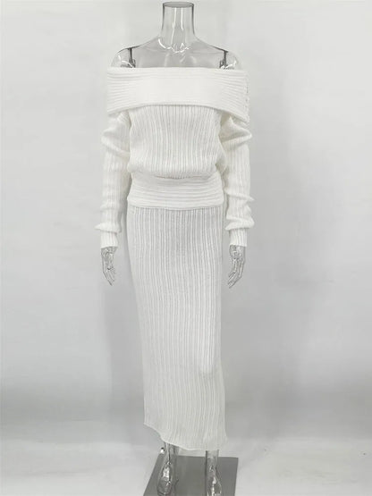 Knitted One-Shoulder Long Sleeves Sweater Skirt Suit