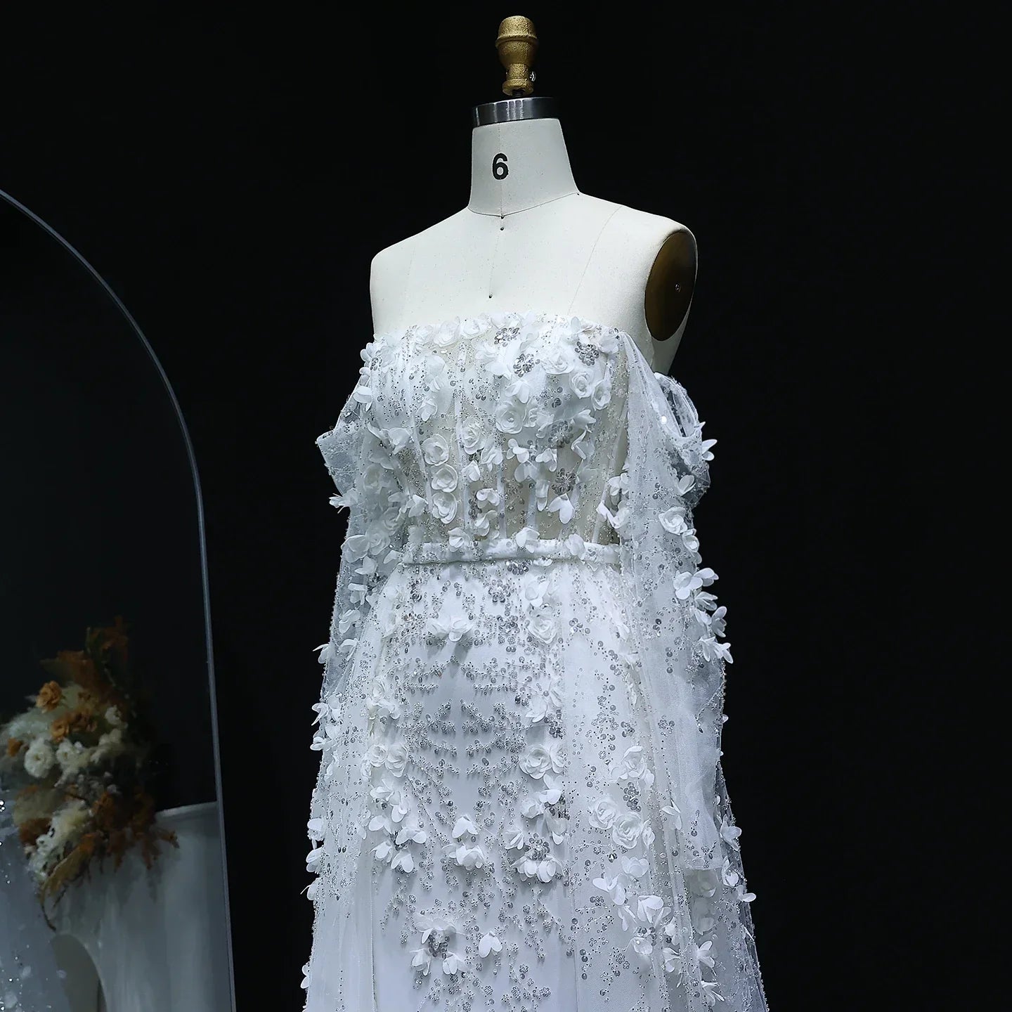 3D Flowers Evening Dress with Overskirt Long Sleeves
