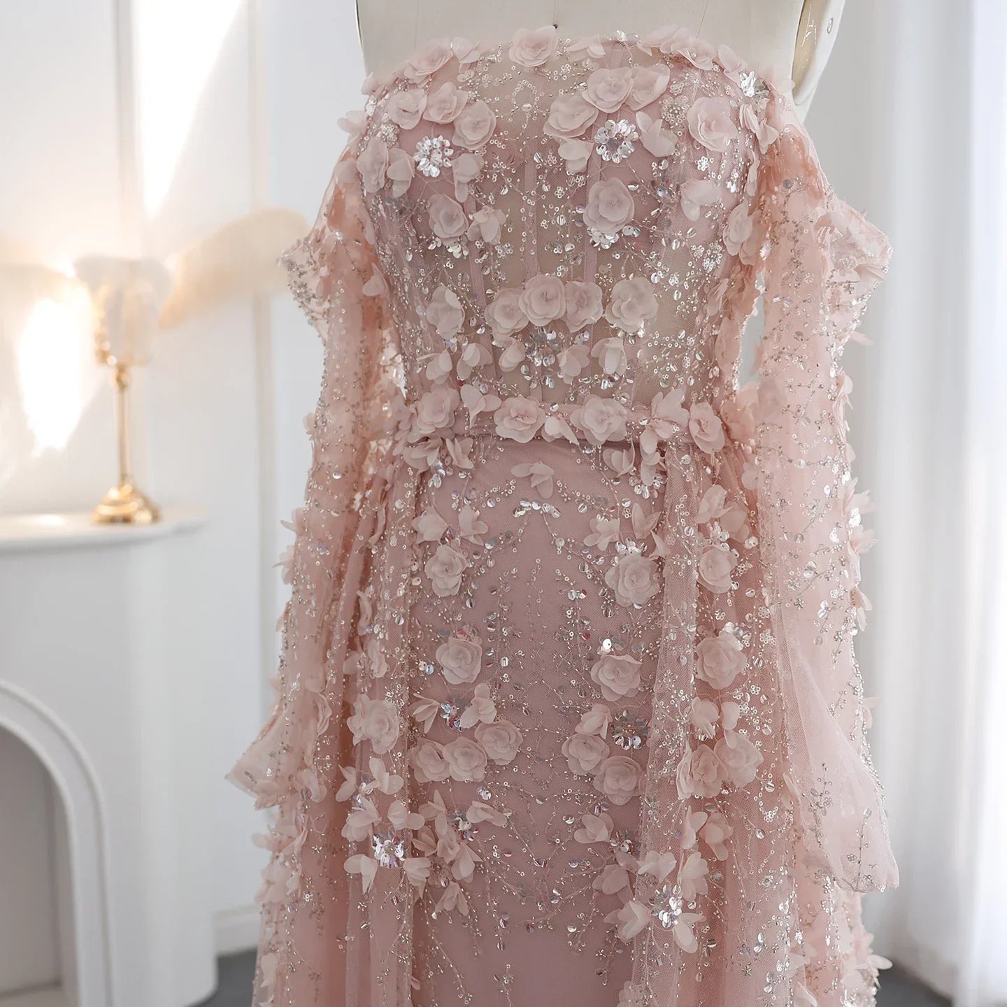 3D Flowers Evening Dress with Overskirt Long Sleeves