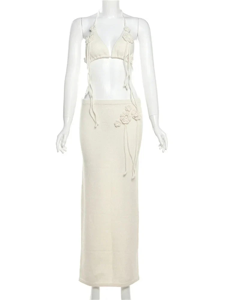 Floral Tassel Open Back Knitwear Long Skirt Sets