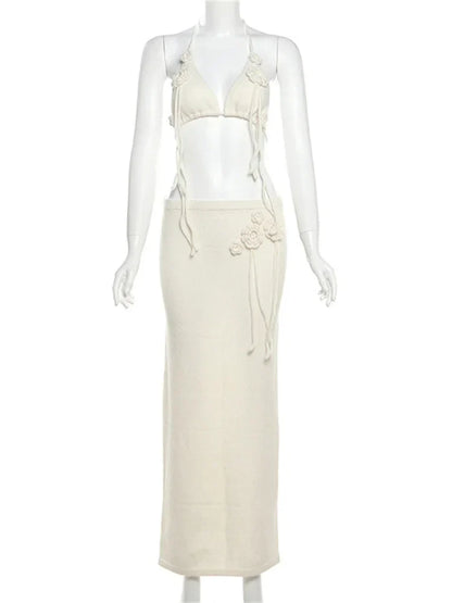 Floral Tassel Open Back Knitwear Long Skirt Sets