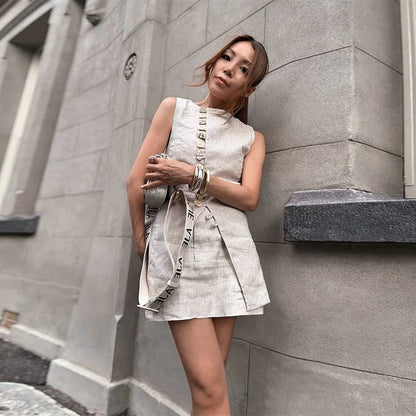 Sleeveless Front Buttoned Top and Mini Skirt Set