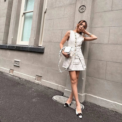 Sleeveless Front Buttoned Top and Mini Skirt Set