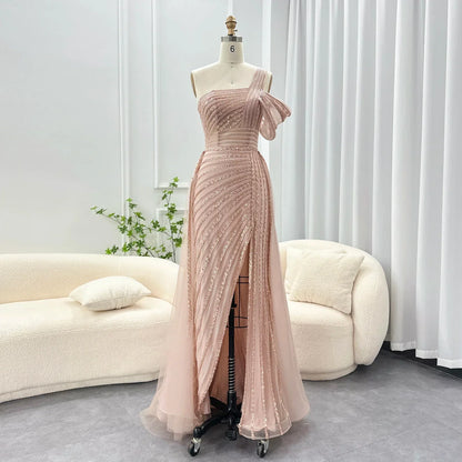 Sage Green One-Shoulder Evening Gown with Overskirt
