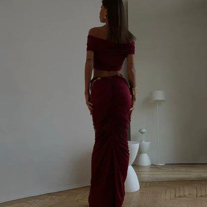Off-shoulder Crop Top And Long Skirt Suit