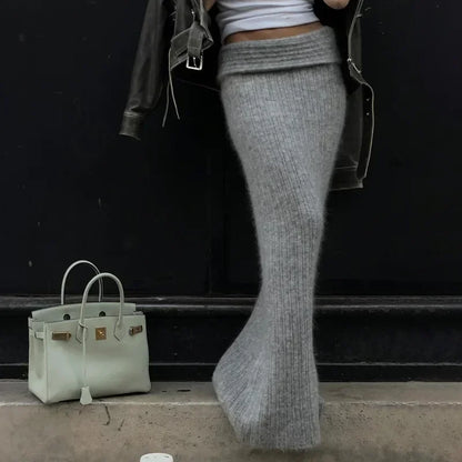 Knitted One-Shoulder Long Sleeves Sweater Skirt Suit