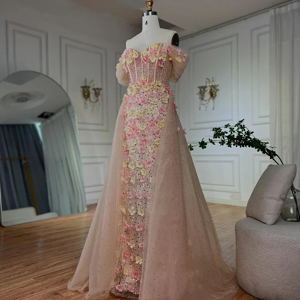 Beaded Off-shoulder Evening Gown with Overskirt