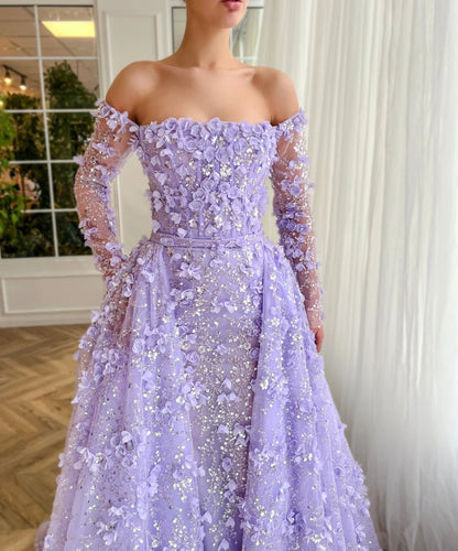 3D Flowers Evening Dress with Overskirt Long Sleeves