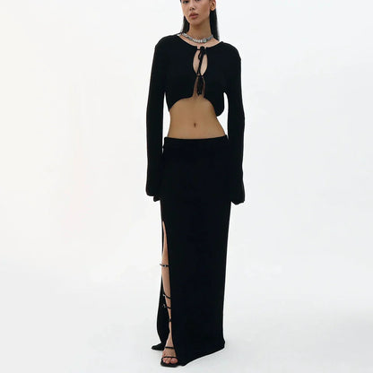 Knit Solid Lace-up Cardigan Top Slit Long Skirt Set