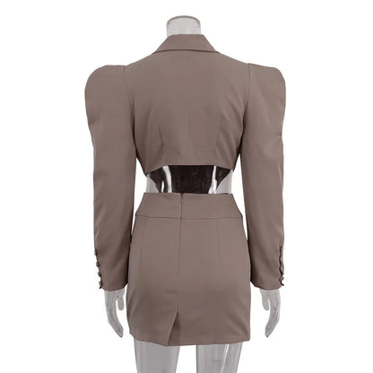 Turn-down Collar Khaki Long Sleeve Blazer Mini Skirt Suit